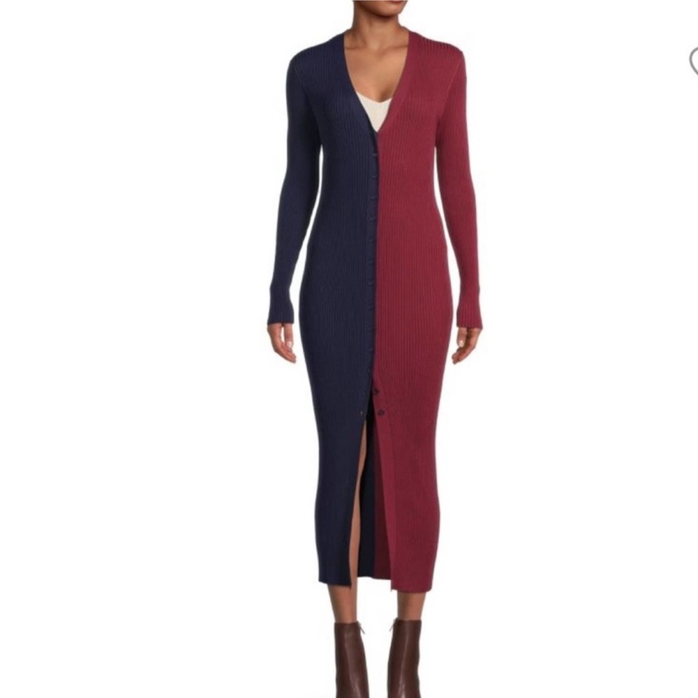 STAUD Two-Tone Ribbed Maxi Dress in Navy and Burgundy